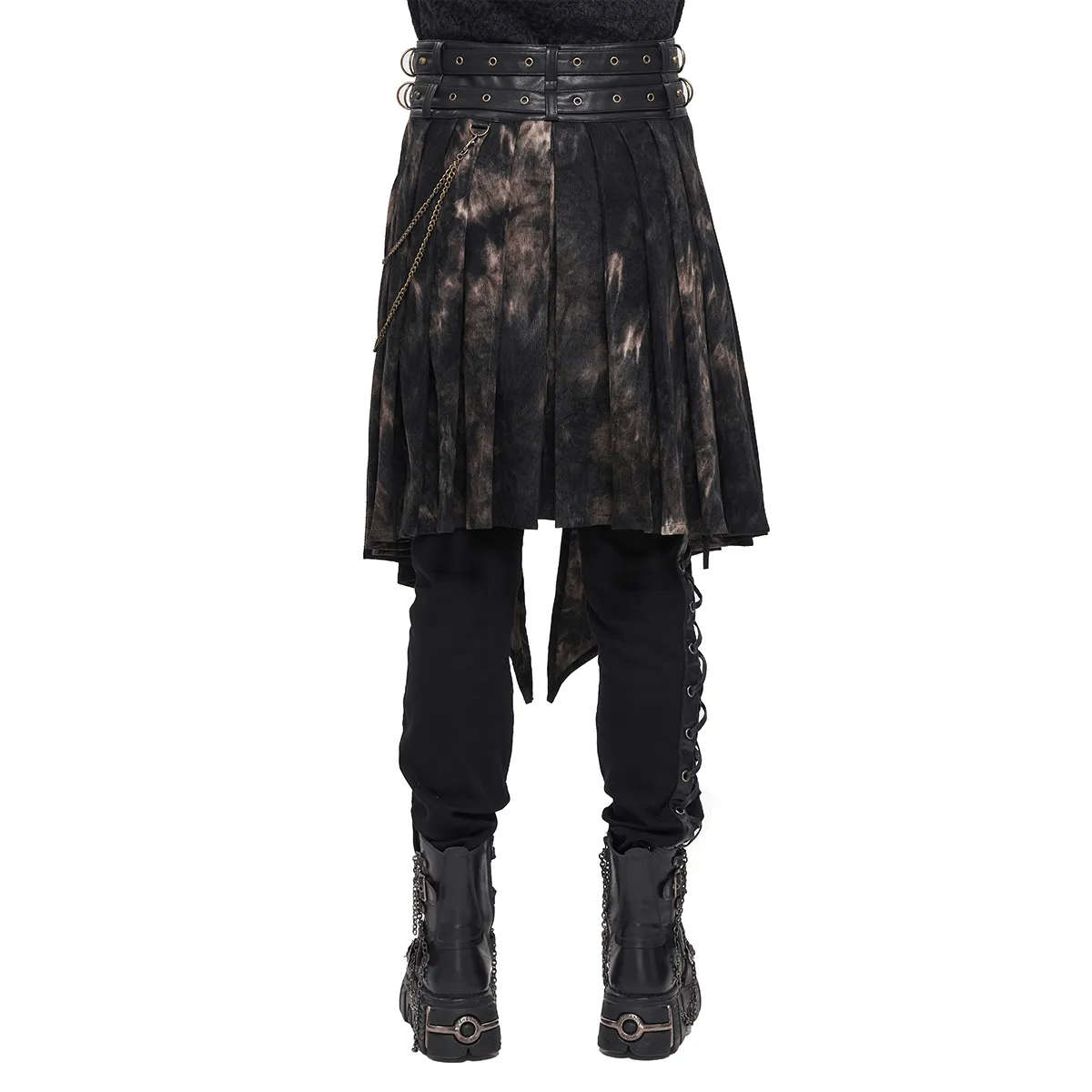 Gothic Open Front Irregular Half Skirt / Men's Half Skirt With Buckle Belts, Chain, Rings & Rivets