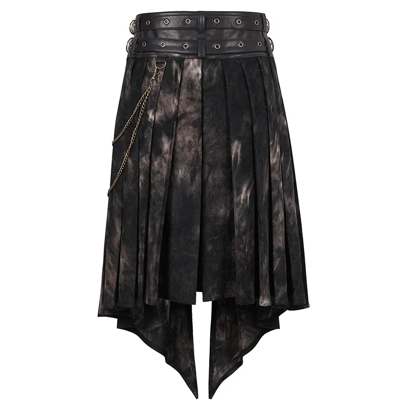 Gothic Open Front Irregular Half Skirt / Men's Half Skirt With Buckle Belts, Chain, Rings & Rivets