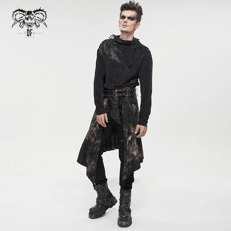 Gothic Open Front Irregular Half Skirt / Men's Half Skirt With Buckle Belts, Chain, Rings & Rivets