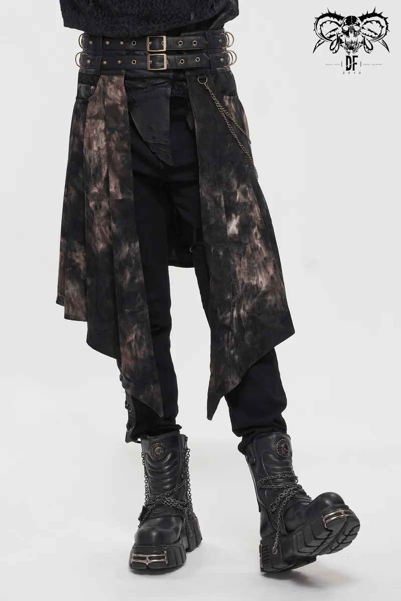 Gothic Open Front Irregular Half Skirt / Men's Half Skirt With Buckle Belts, Chain, Rings & Rivets