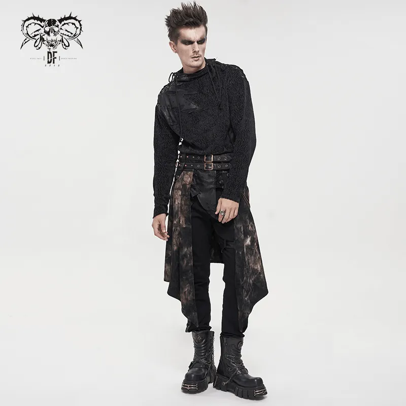 Gothic Open Front Irregular Half Skirt / Men's Half Skirt With Buckle Belts, Chain, Rings & Rivets