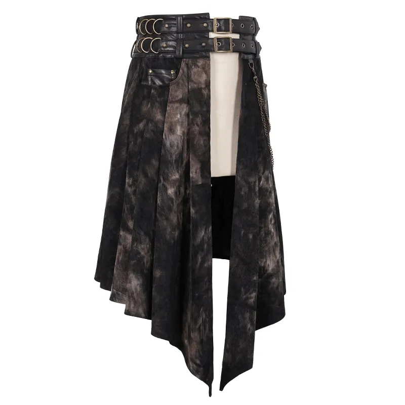 Gothic Open Front Irregular Half Skirt / Men's Half Skirt With Buckle Belts, Chain, Rings & Rivets