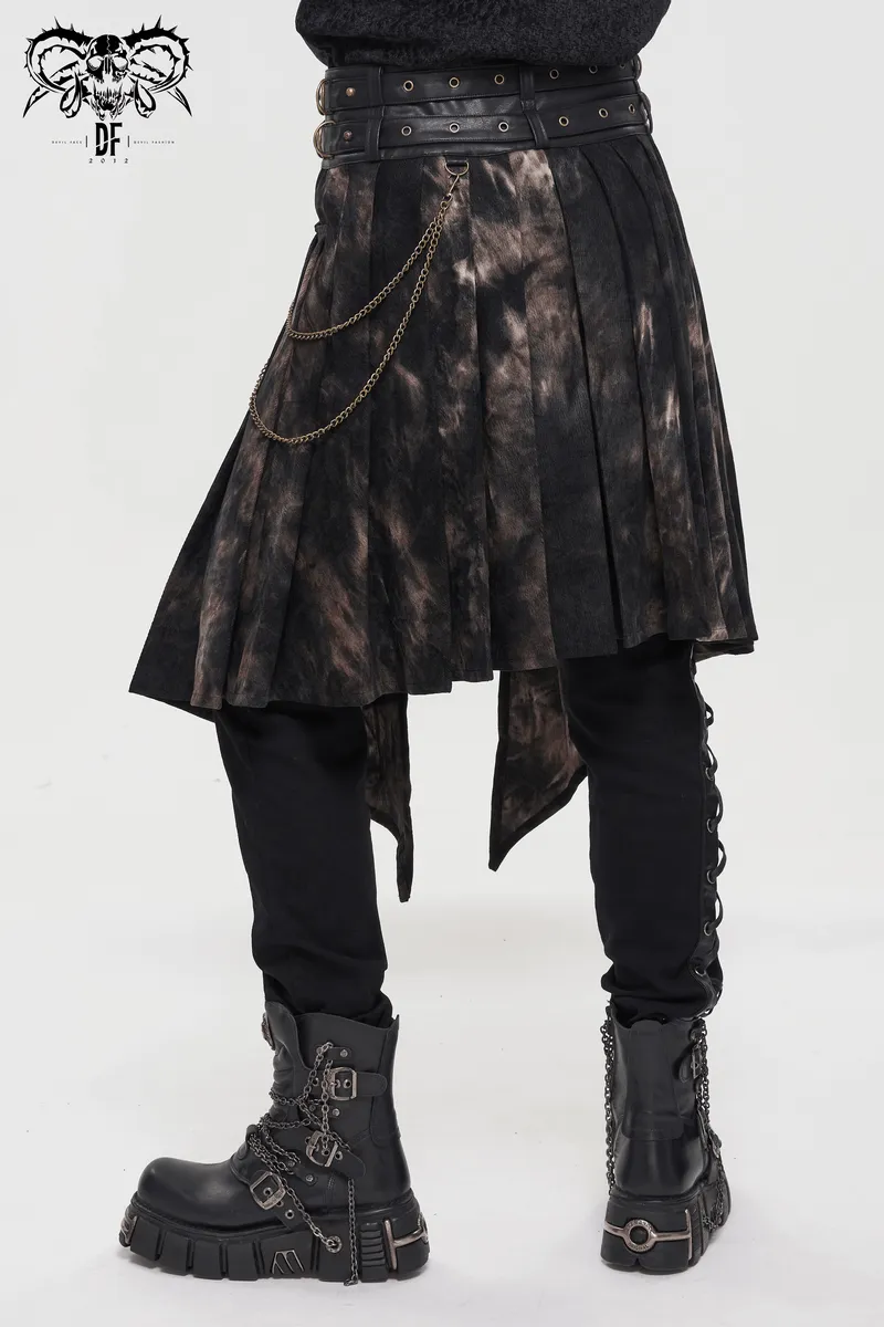 Gothic Open Front Irregular Half Skirt / Men's Half Skirt With Buckle Belts, Chain, Rings & Rivets