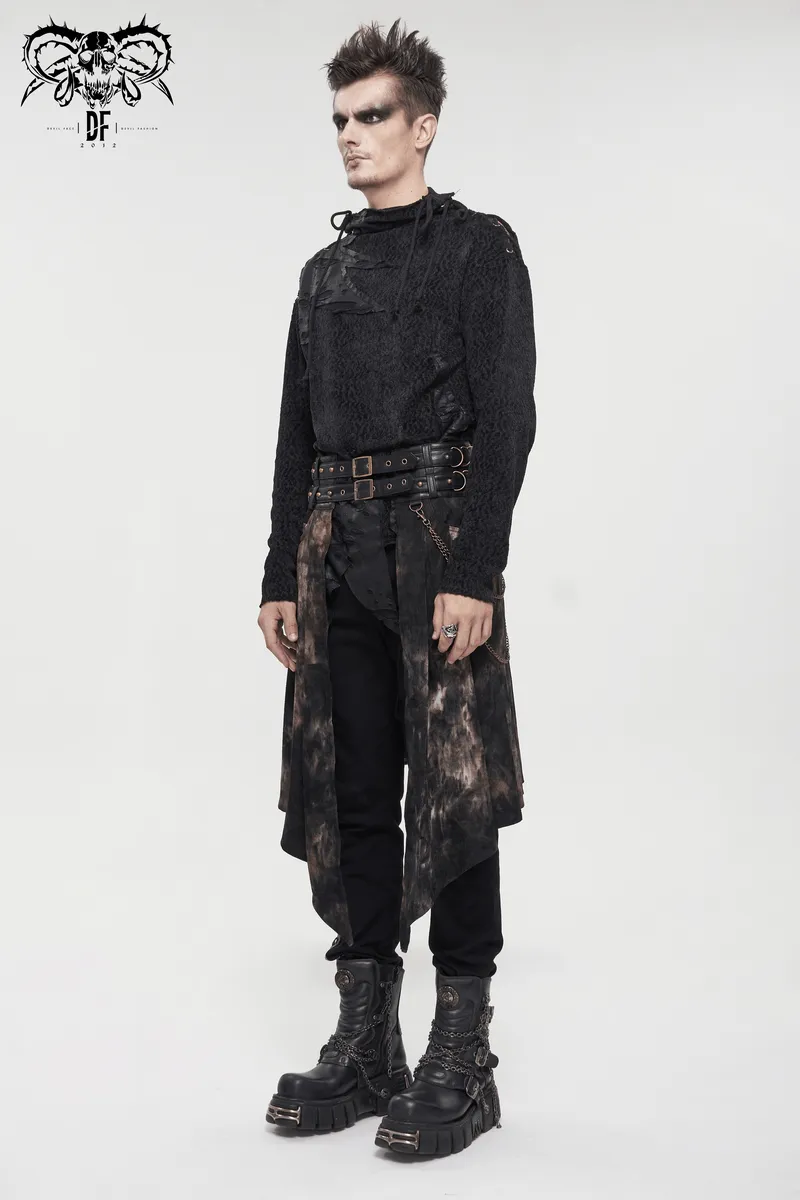 Gothic Open Front Irregular Half Skirt / Men's Half Skirt With Buckle Belts, Chain, Rings & Rivets