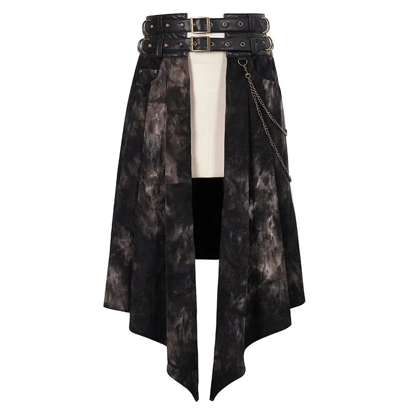 Gothic Open Front Irregular Half Skirt / Men's Half Skirt With Buckle Belts, Chain, Rings & Rivets