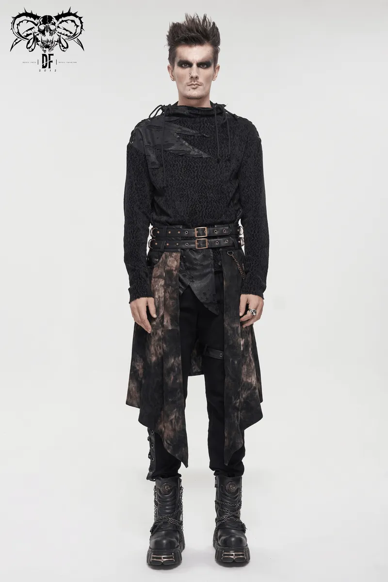 Gothic Open Front Irregular Half Skirt / Men's Half Skirt With Buckle Belts, Chain, Rings & Rivets