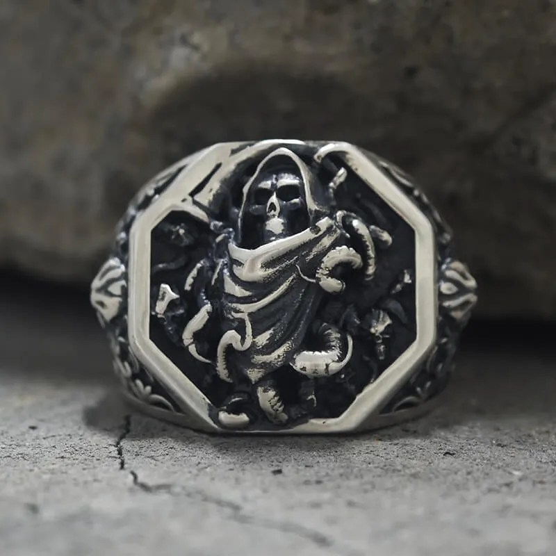 Grim Reaper Scythe Skull Tentacle Sterling Silver Ring