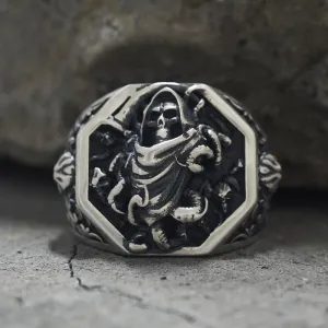 Grim Reaper Scythe Skull Tentacle Sterling Silver Ring