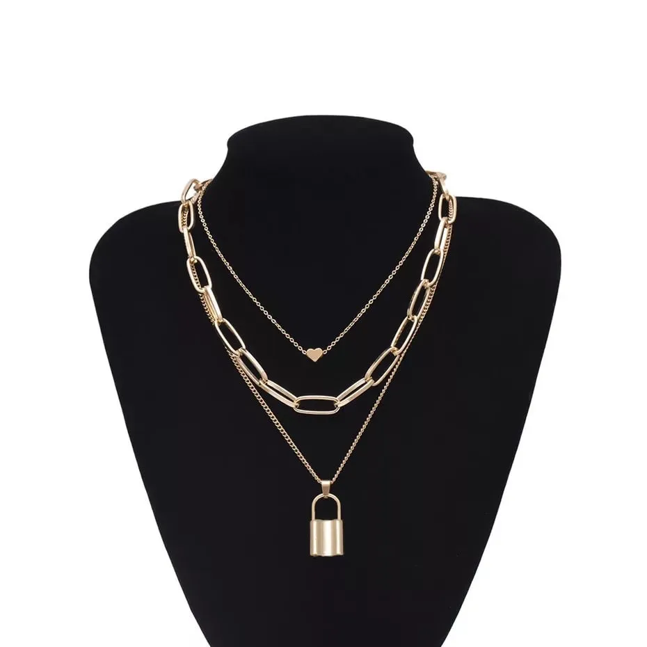 Heart & Lock Layered Chain Necklace - LAST CHANCE