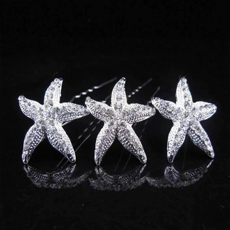 Large Crystal Accented Starfish Silver Plated Hair Pin for Women