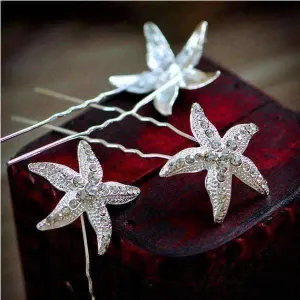 Large Crystal Accented Starfish Silver Plated Hair Pin for Women