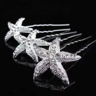 Large Crystal Accented Starfish Silver Plated Hair Pin for Women