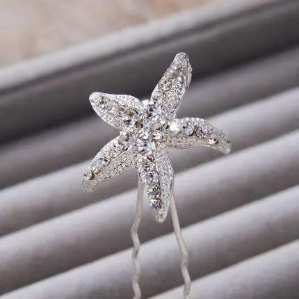 Large Crystal Accented Starfish Silver Plated Hair Pin for Women