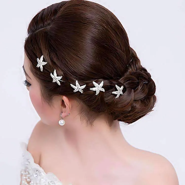 Large Crystal Accented Starfish Silver Plated Hair Pin for Women