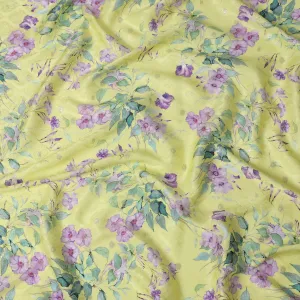 Lemon Yellow Floral Silk Satin Fabric with Metallic Accents, Width 140 cm, South Korea-D21285