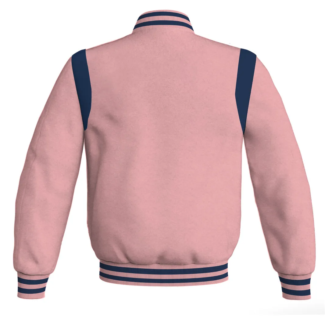 Letterman Baseball Bomber Retro Jacket Pink Body Navy Blue Leather Inserts