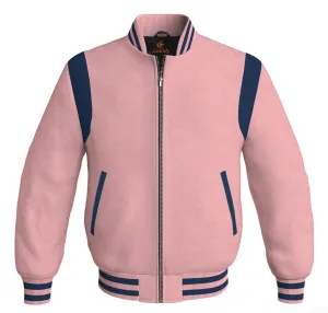 Letterman Baseball Bomber Retro Jacket Pink Body Navy Blue Leather Inserts