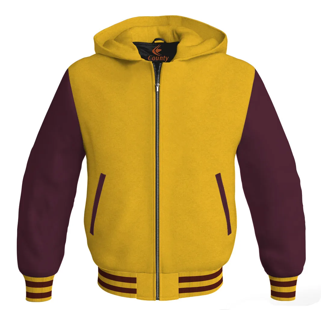 Letterman Bomber Hoodie Jacket Yellow/Gold Body Maroon Leather Sleeves