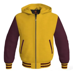 Letterman Bomber Hoodie Jacket Yellow/Gold Body Maroon Leather Sleeves