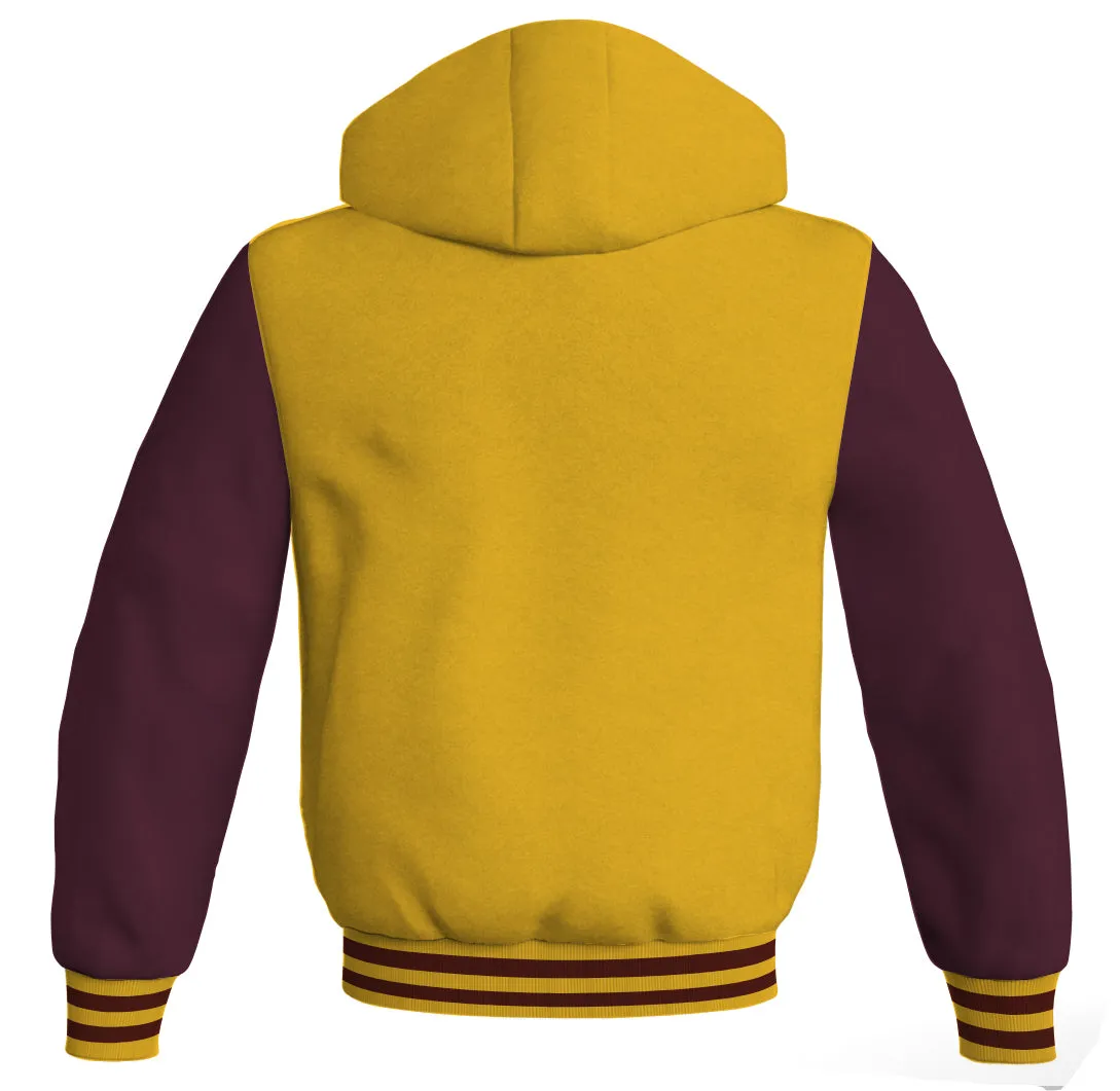 Letterman Bomber Hoodie Jacket Yellow/Gold Body Maroon Leather Sleeves