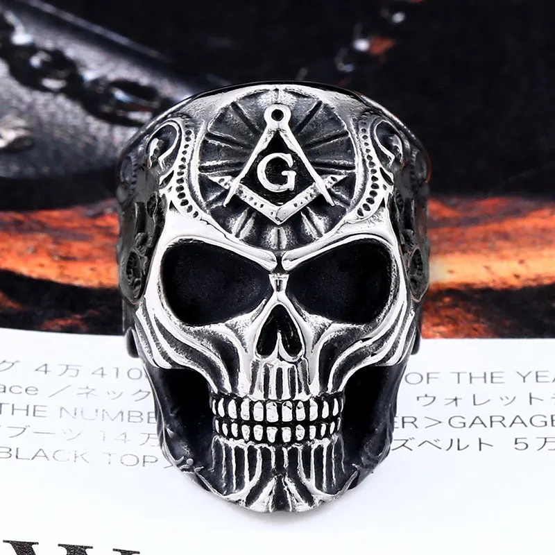 Masonic Skull Ring for Men - Punk Style Retro Titanium Steel Jewelry in Sizes 7-13