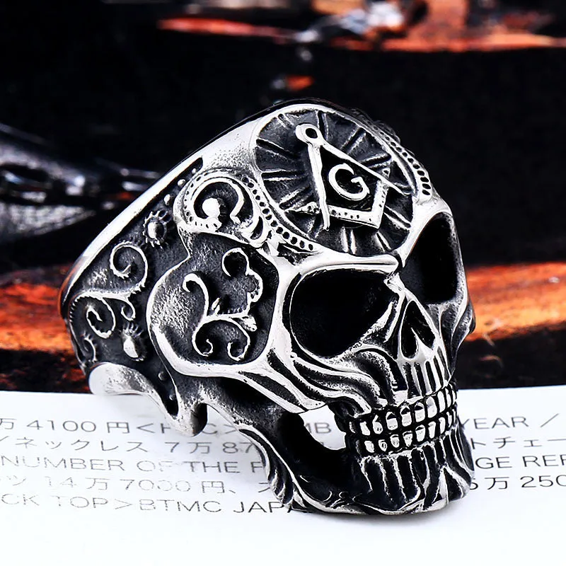 Masonic Skull Ring for Men - Punk Style Retro Titanium Steel Jewelry in Sizes 7-13