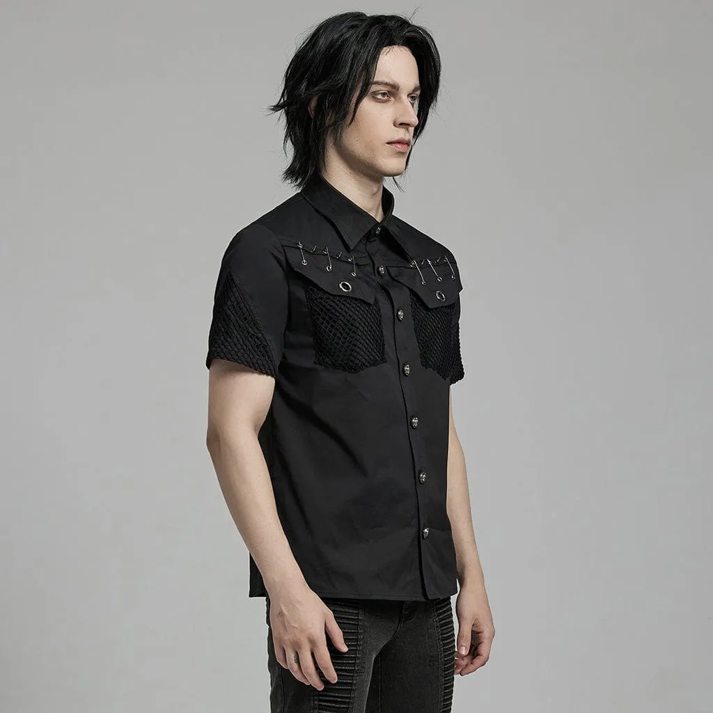 Men's Punk Rock Mesh Splice Pin Shirt