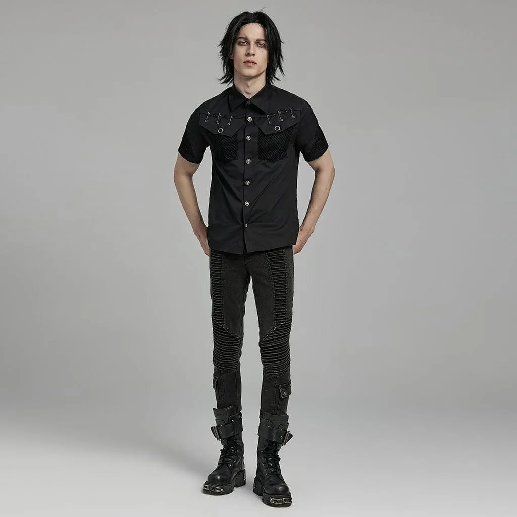 Men's Punk Rock Mesh Splice Pin Shirt