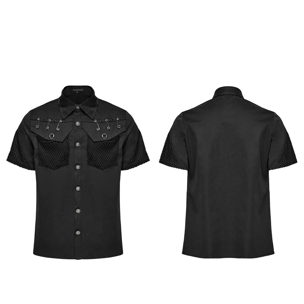 Men's Punk Rock Mesh Splice Pin Shirt