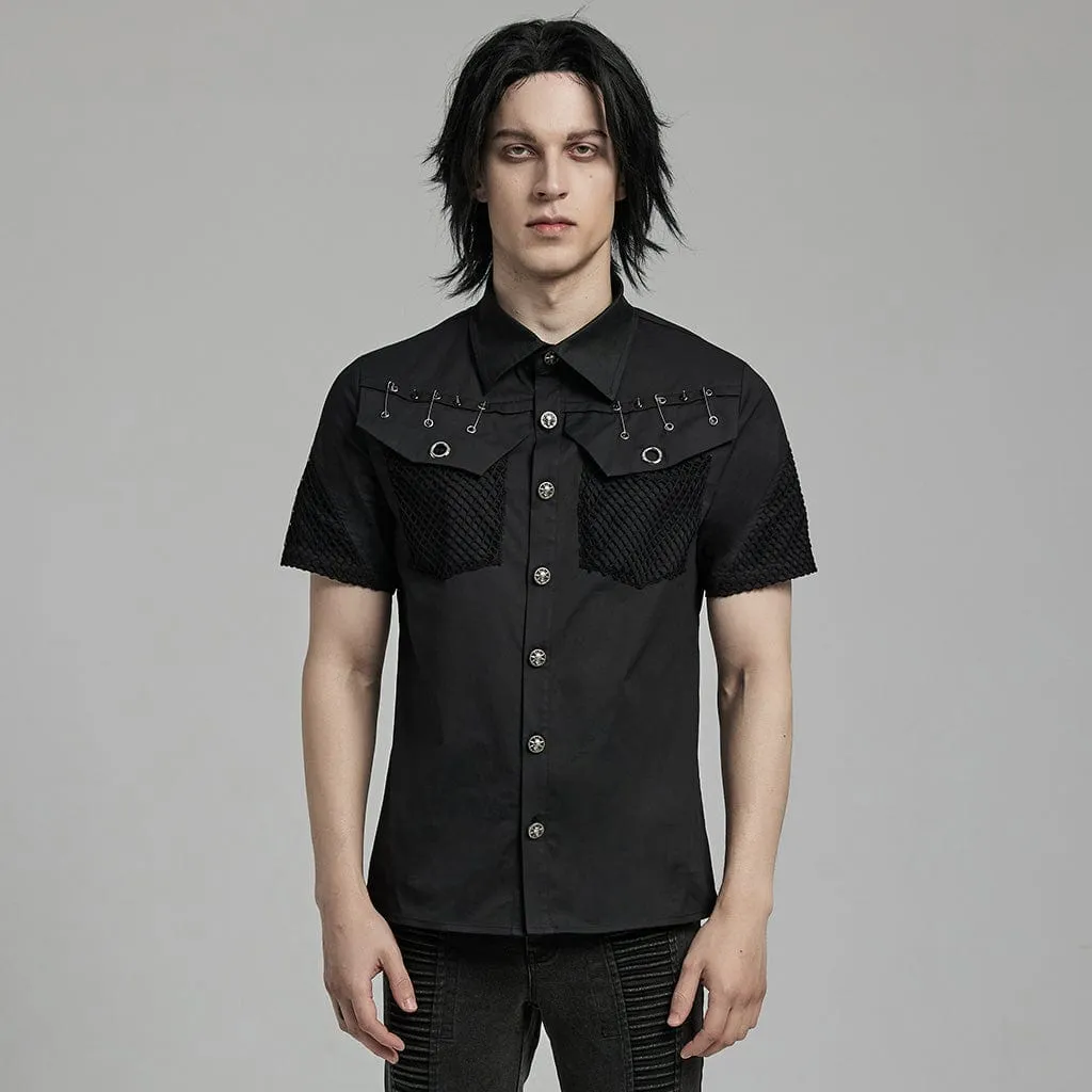 Men's Punk Rock Mesh Splice Pin Shirt