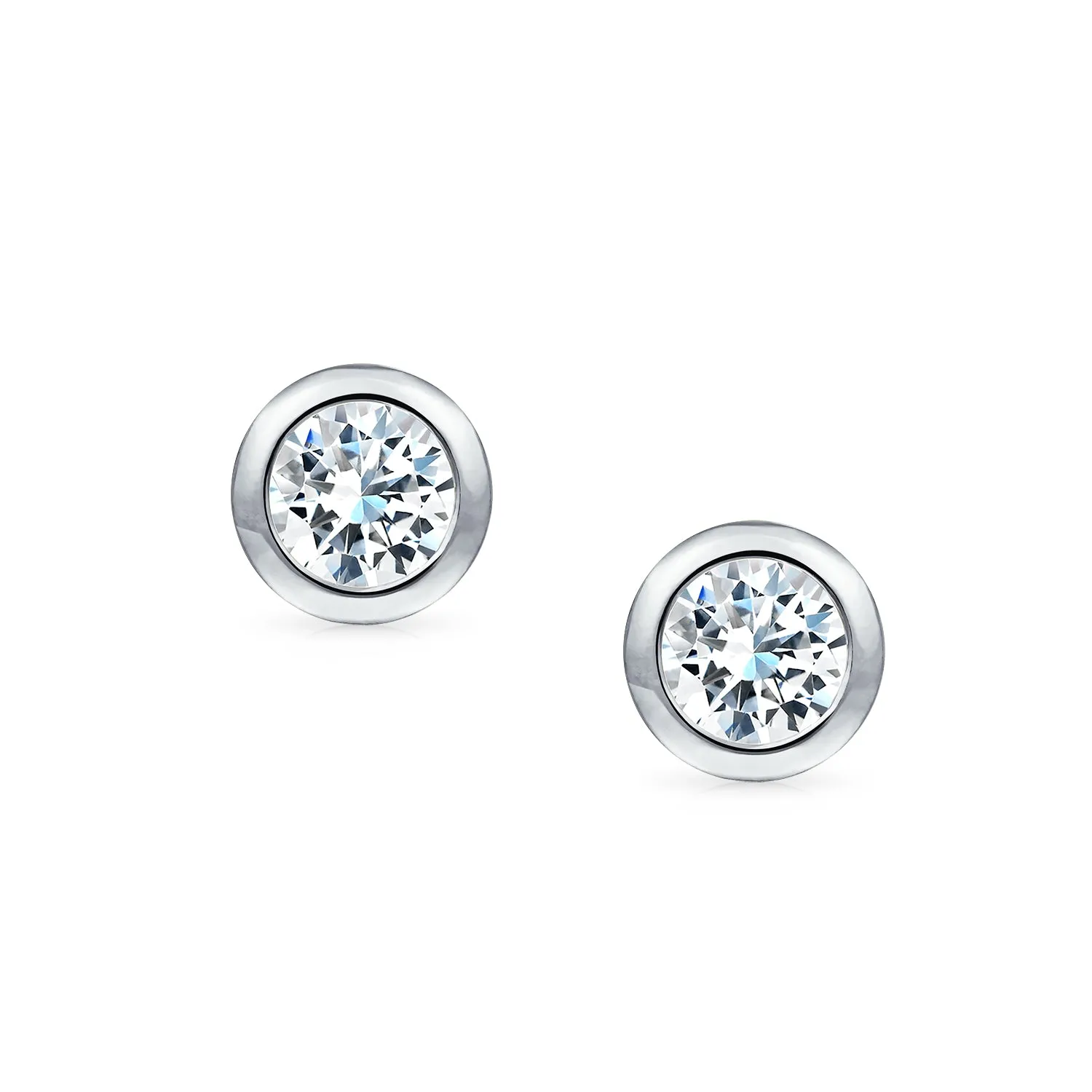 Minimalist CZ Stud Earrings, Bezel Round Solitaire, Sterling Silver, 5-7 MM