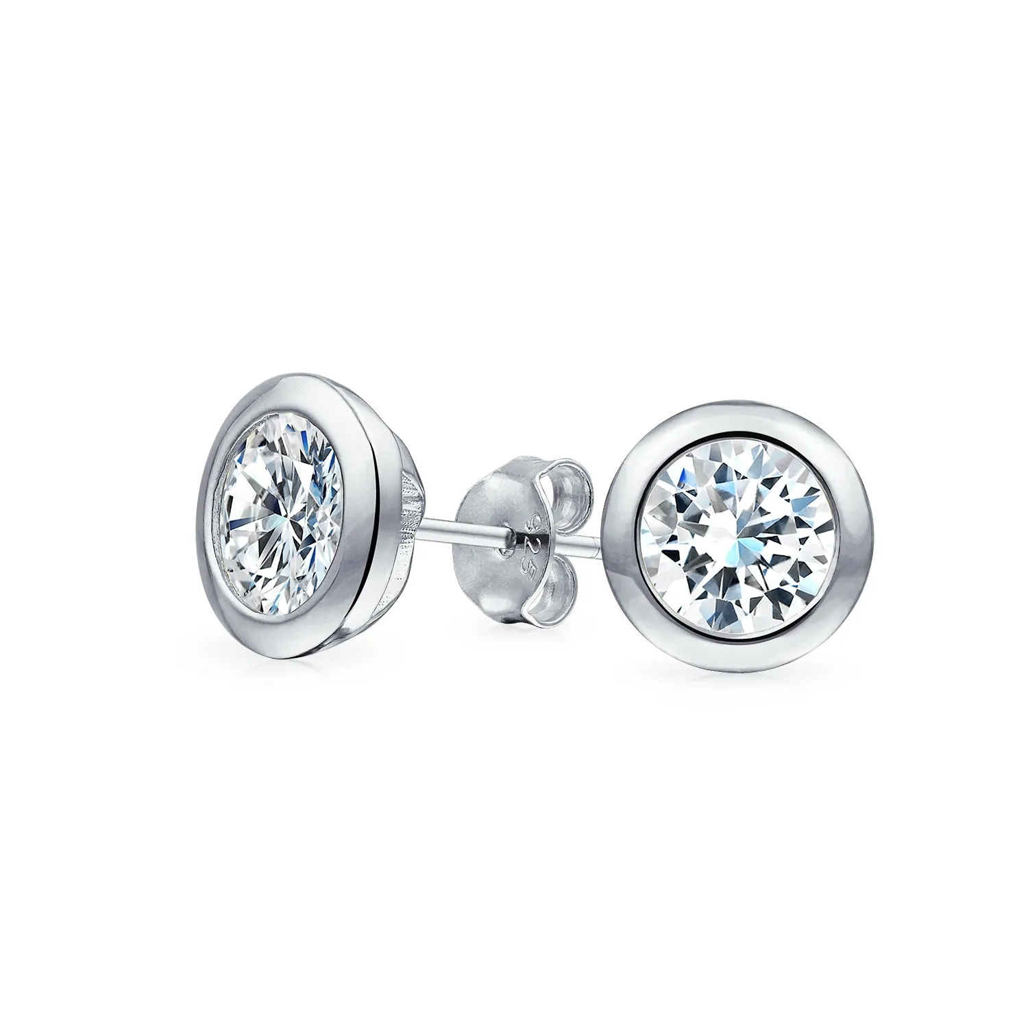 Minimalist CZ Stud Earrings, Bezel Round Solitaire, Sterling Silver, 5-7 MM