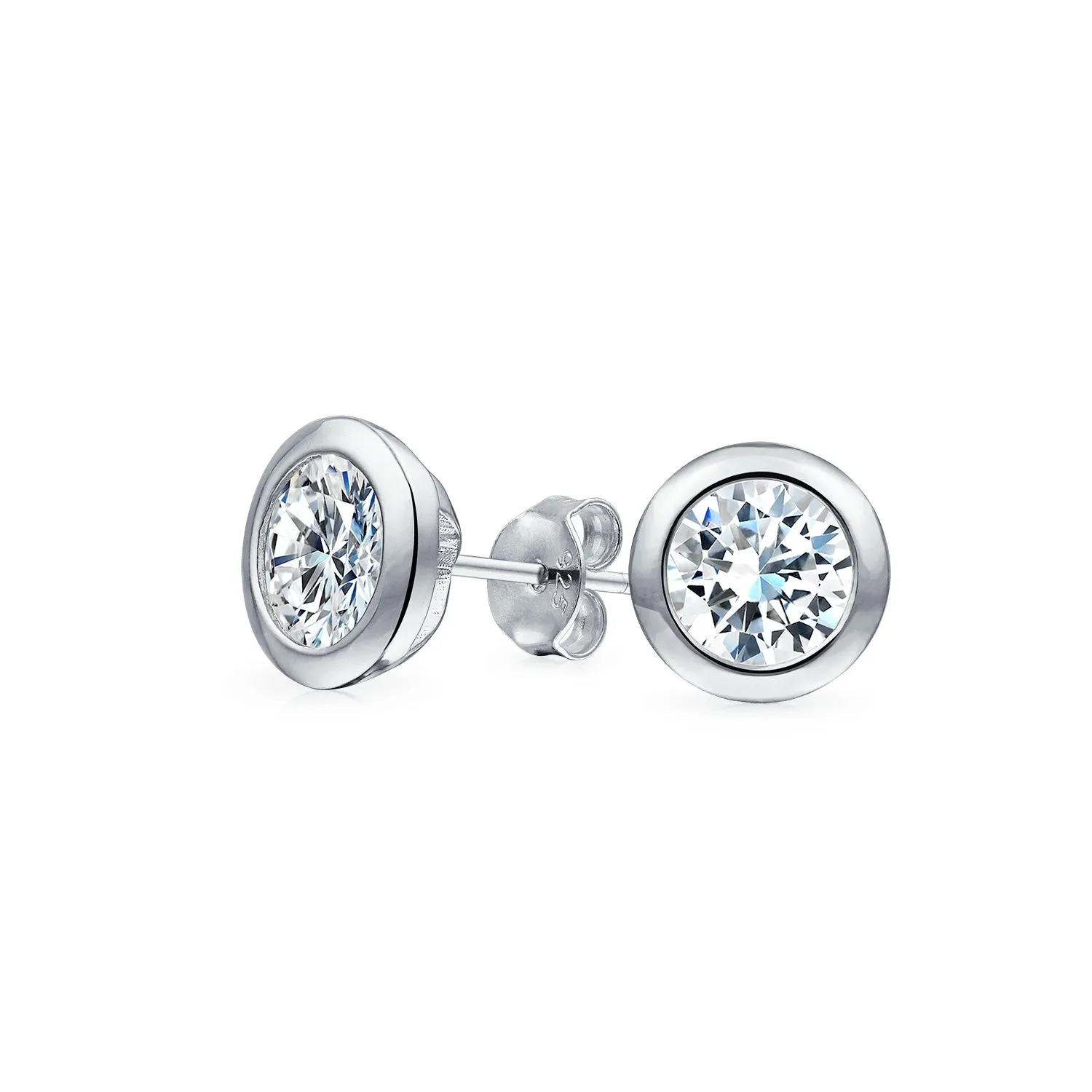 Minimalist CZ Stud Earrings, Bezel Round Solitaire, Sterling Silver, 5-7 MM