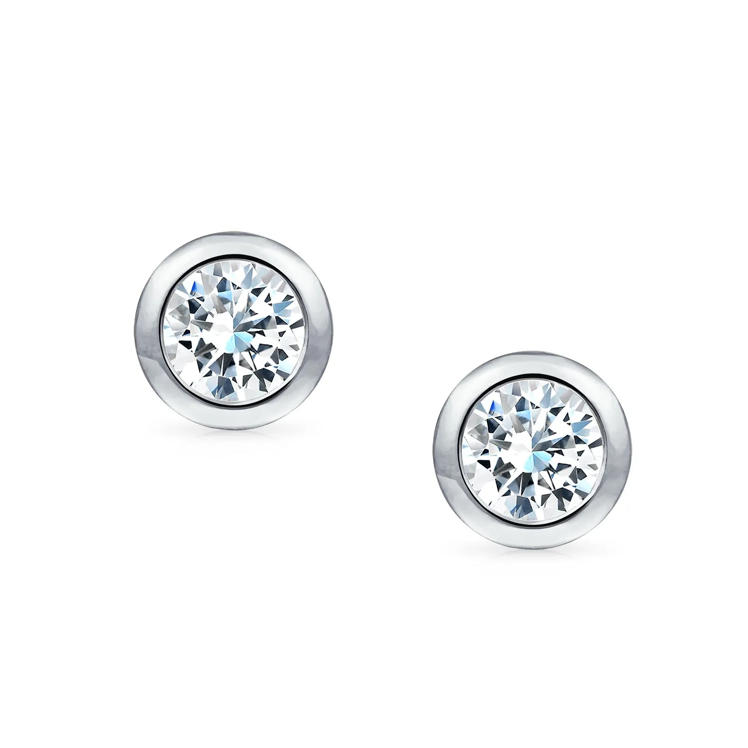 Minimalist CZ Stud Earrings, Bezel Round Solitaire, Sterling Silver, 5-7 MM