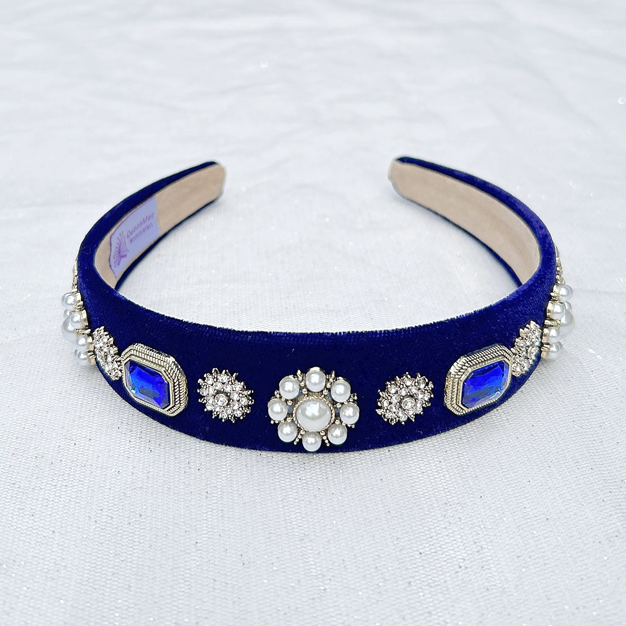 Navy Blue Headband Velvet Hair Band Blue Pearl Headband