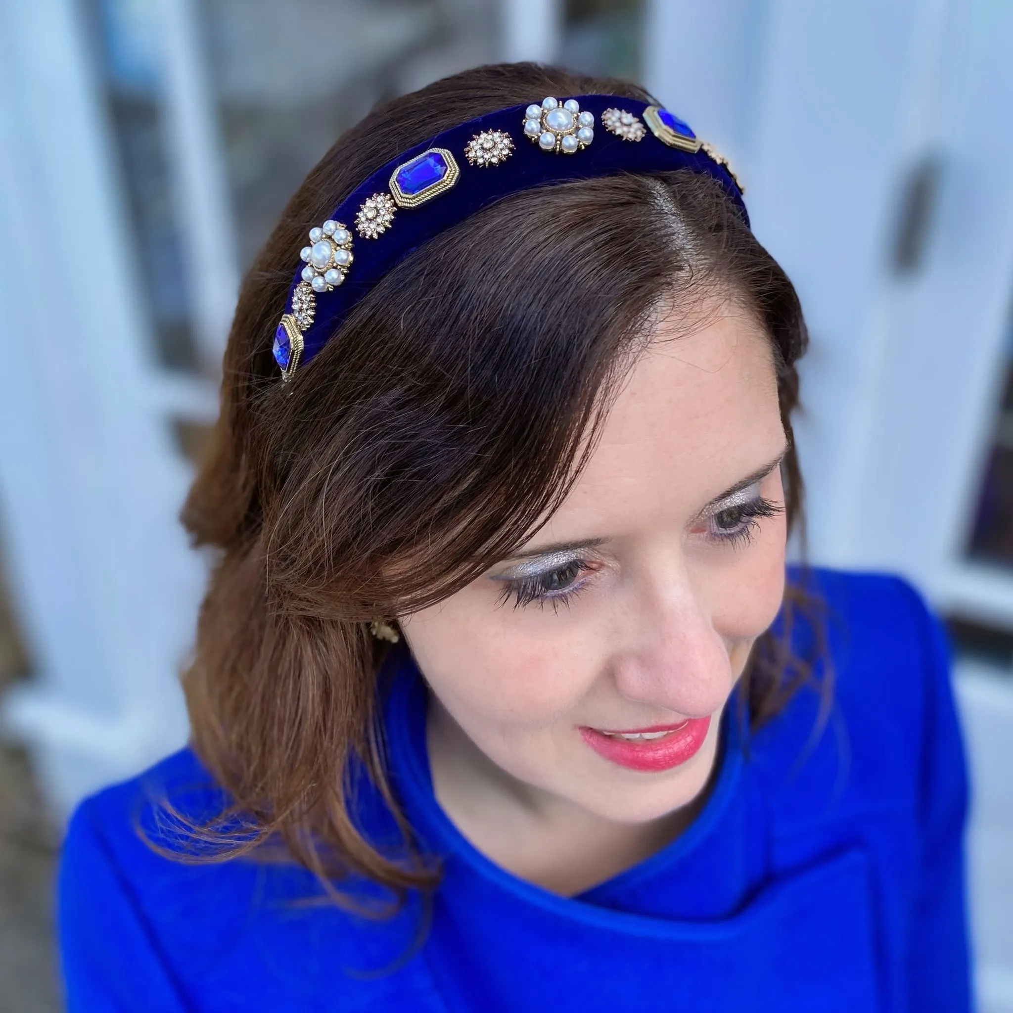 Navy Blue Headband Velvet Hair Band Blue Pearl Headband