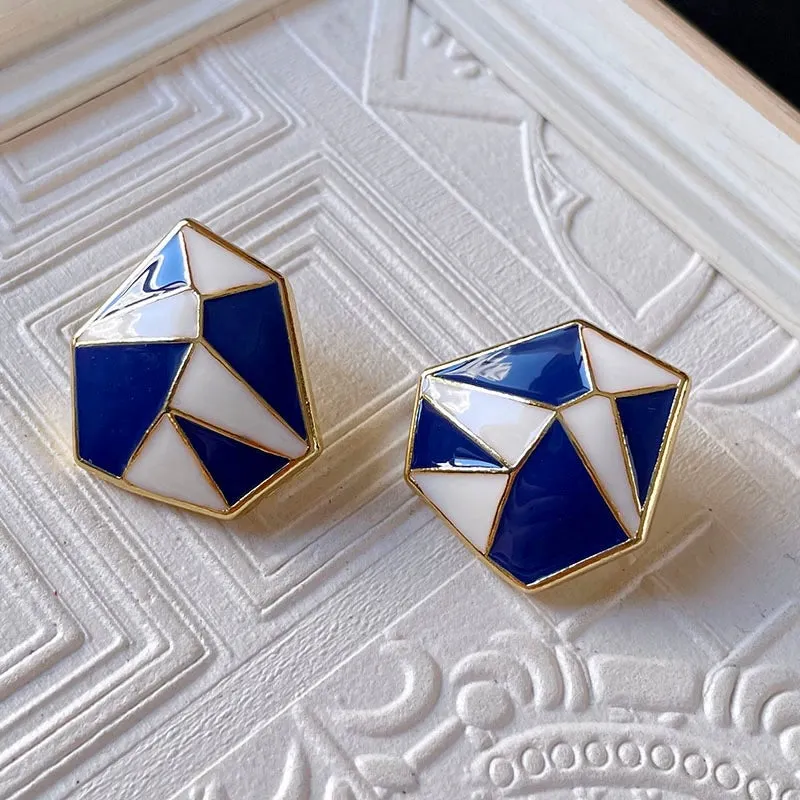 Navy Blue n White Enamel Geometric Earrings