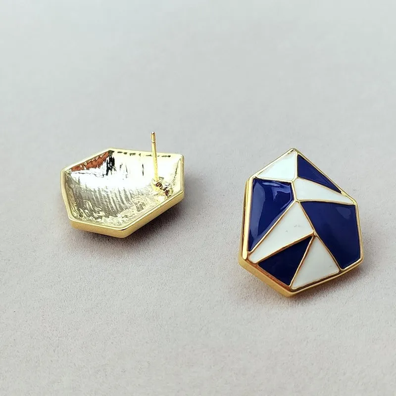 Navy Blue n White Enamel Geometric Earrings