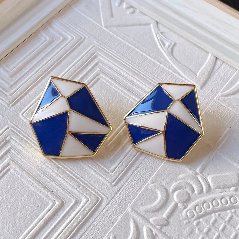 Navy Blue n White Enamel Geometric Earrings