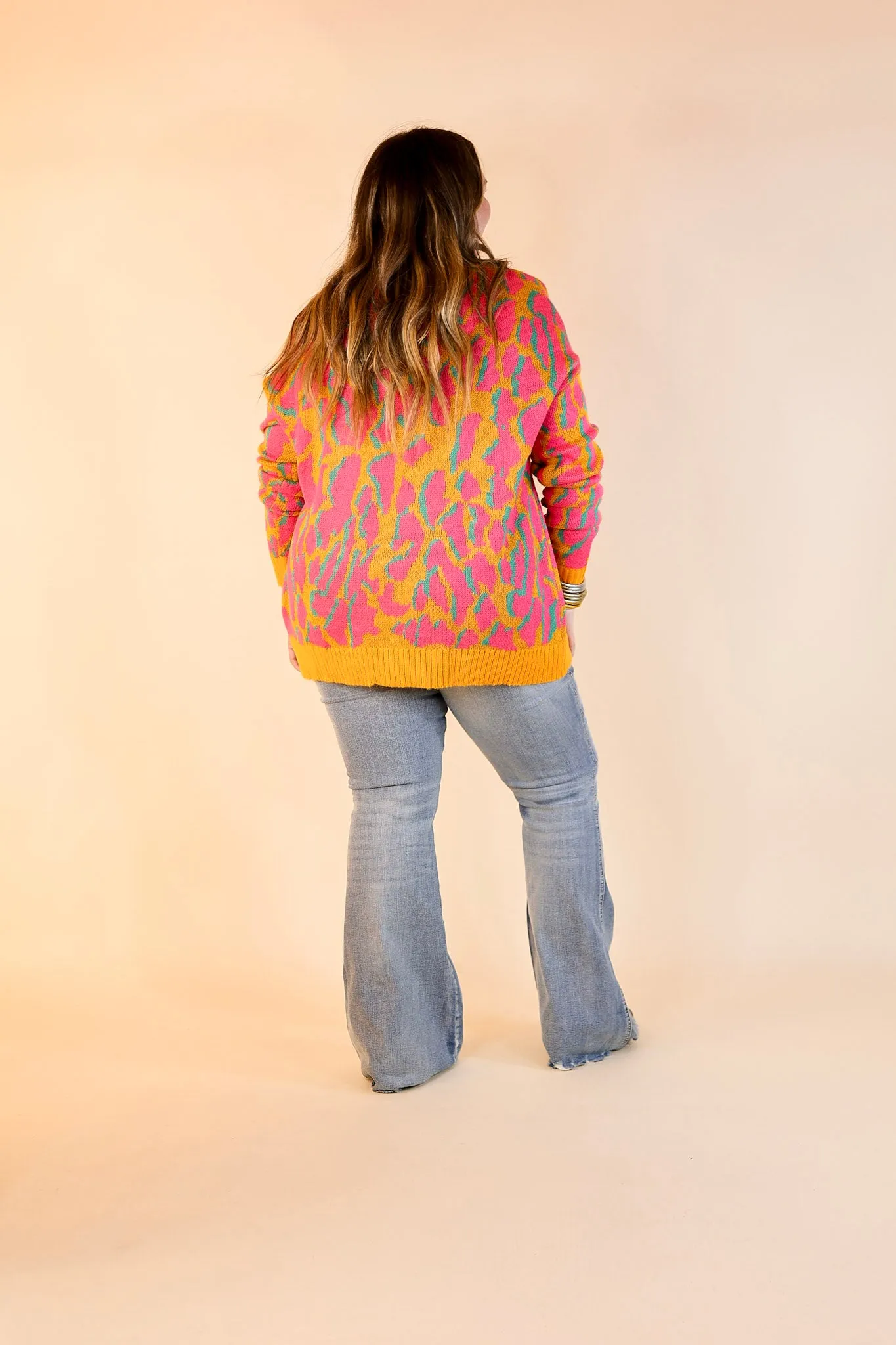 No Hesitation Animal Print Long Sleeve Sweater in Yellow and Neon Pink