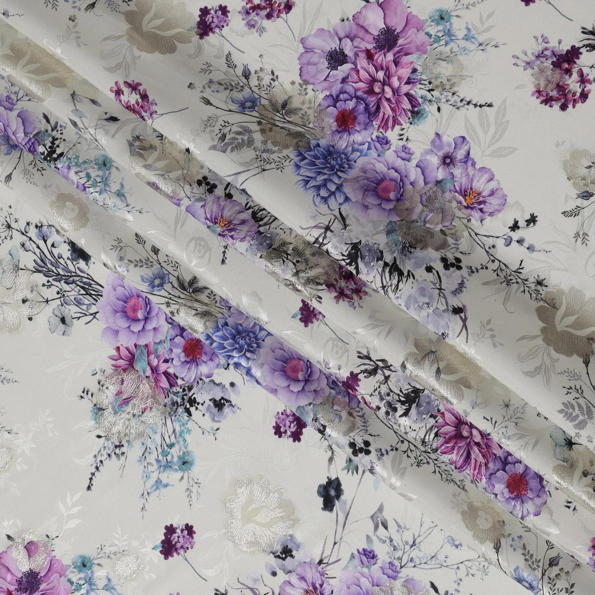 Pearl Grey Floral Silk Satin Fabric with Metallic Accents, Width 140 cm, South Korea-D21287