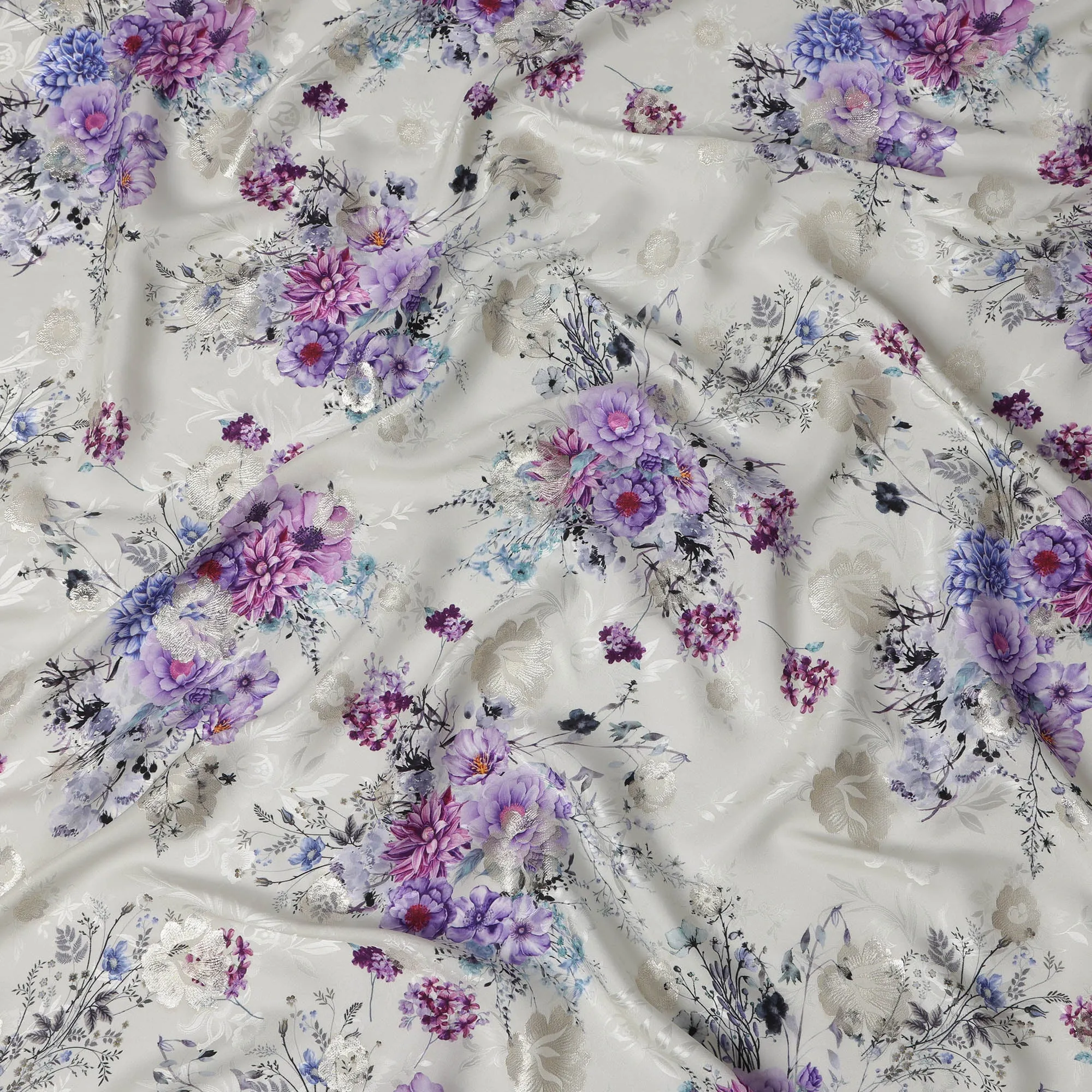 Pearl Grey Floral Silk Satin Fabric with Metallic Accents, Width 140 cm, South Korea-D21287