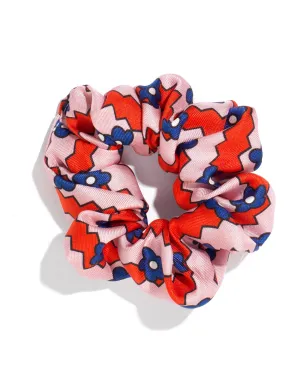 Pink Zig Zag Flower Print Silk Twill Scrunchie