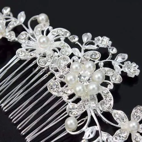 Pretty Pearl Silver Plated Floral Crystal Hair Comb