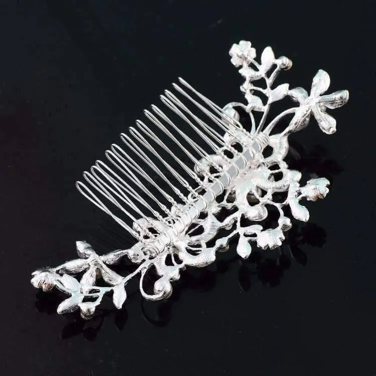 Pretty Pearl Silver Plated Floral Crystal Hair Comb