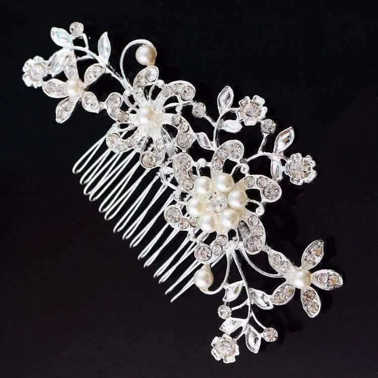 Pretty Pearl Silver Plated Floral Crystal Hair Comb