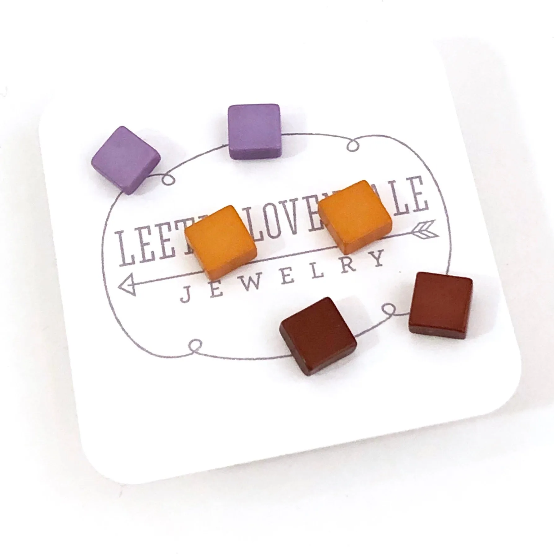 Purple Mustard & Chocolate Minimalist Mod Square Stud Earrings Set