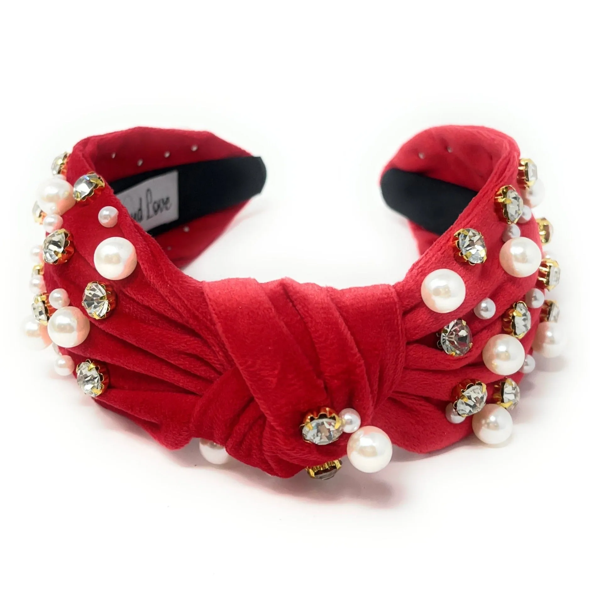 Red Velour Pearl Jeweled Knot Headband