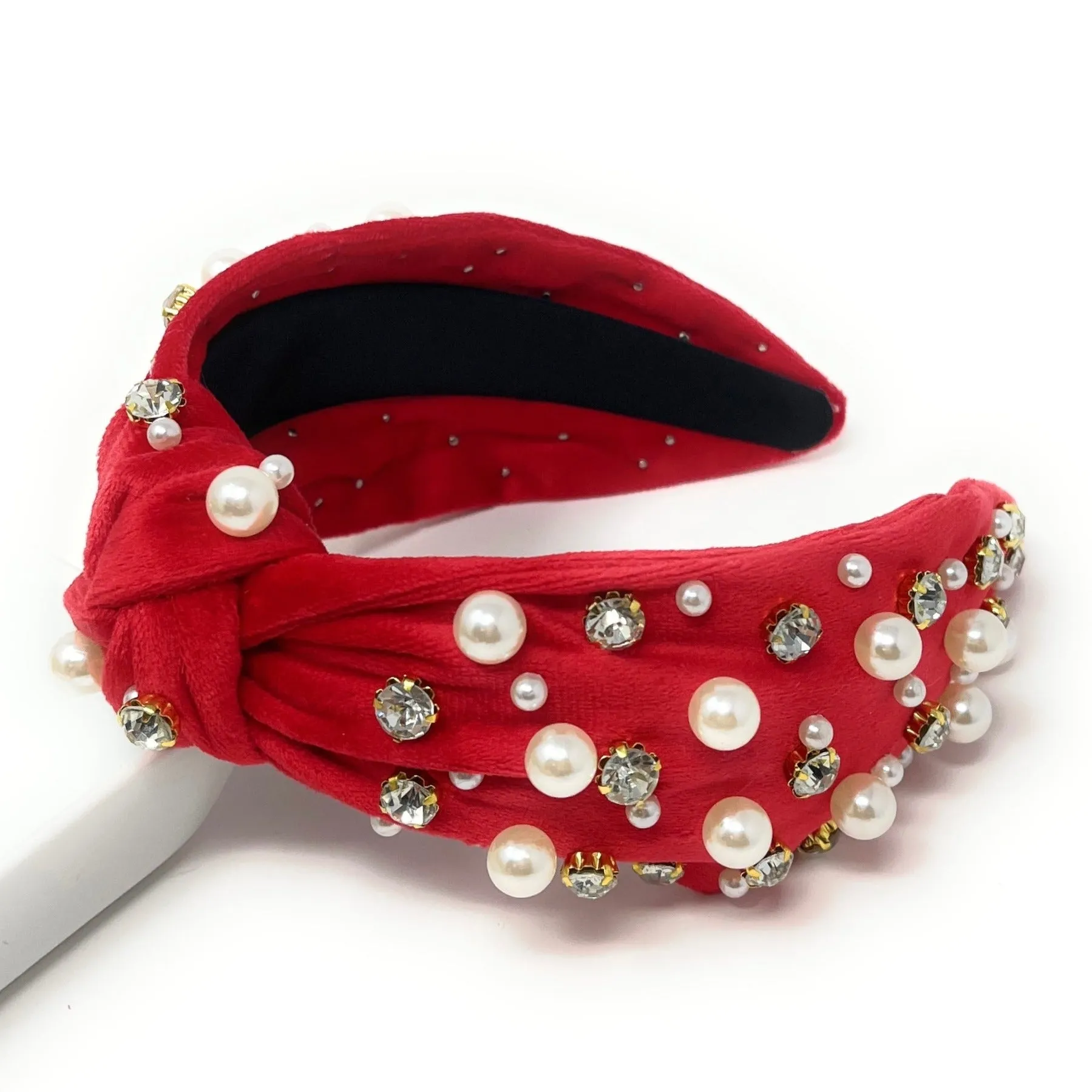 Red Velour Pearl Jeweled Knot Headband