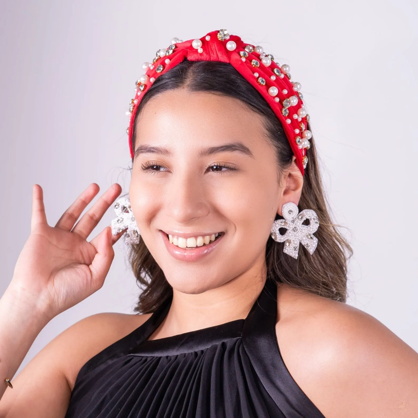 Red Velour Pearl Jeweled Knot Headband